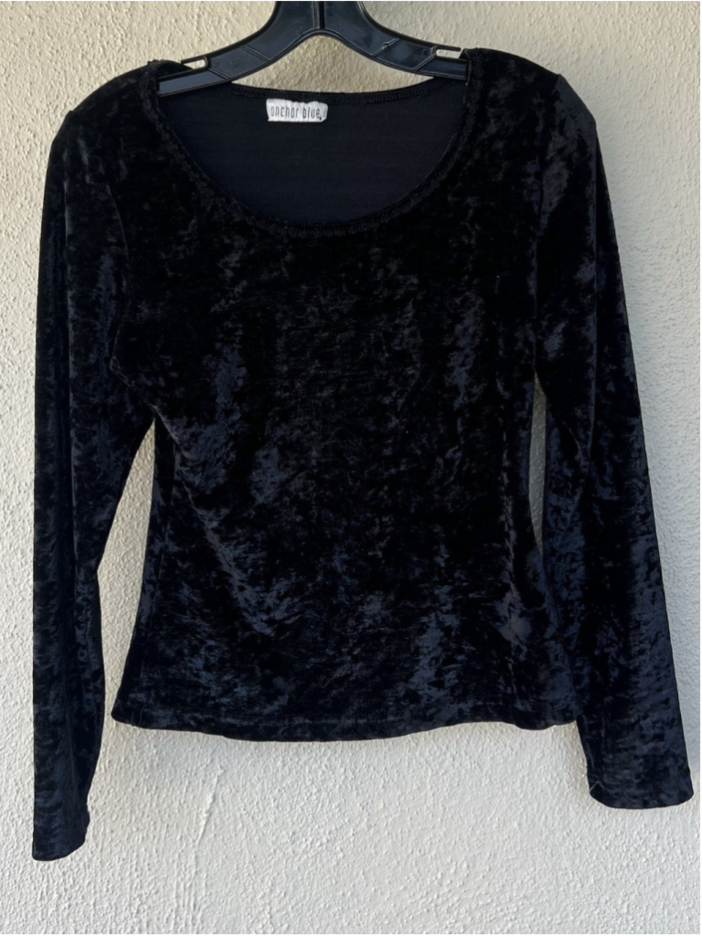 Anchor Blue Black Crushed Velvet Long Sleeve Scoop Neck Top S Whimsygoth Witchy